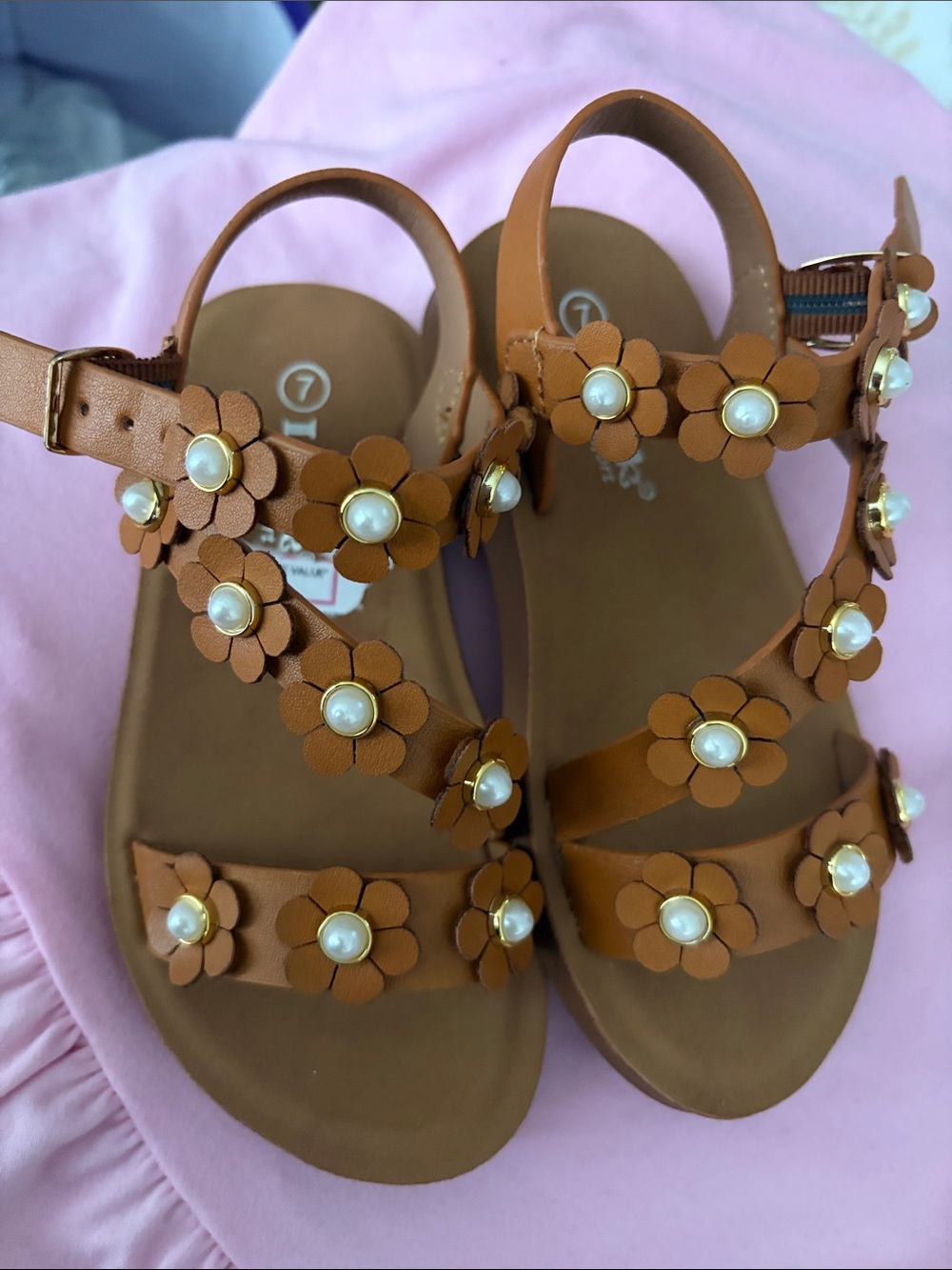 Marshalls Brown Flower Pearl Accent Kids Sandals